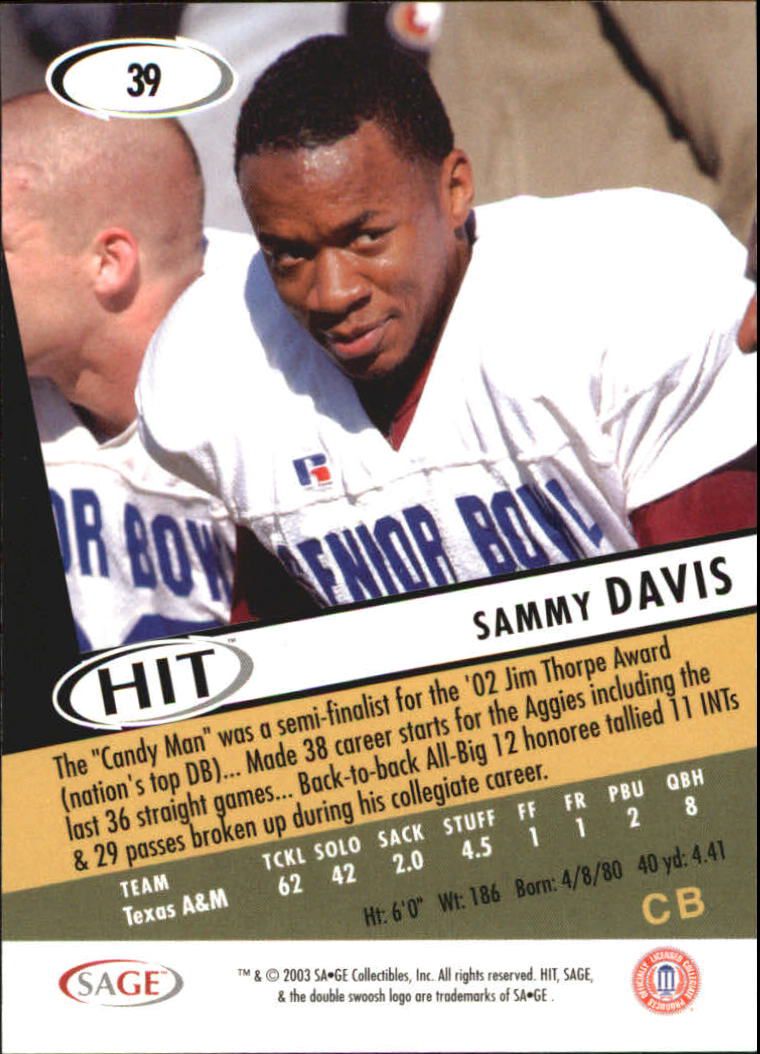 2003 SAGE HIT #39 Sammy Davis back image
