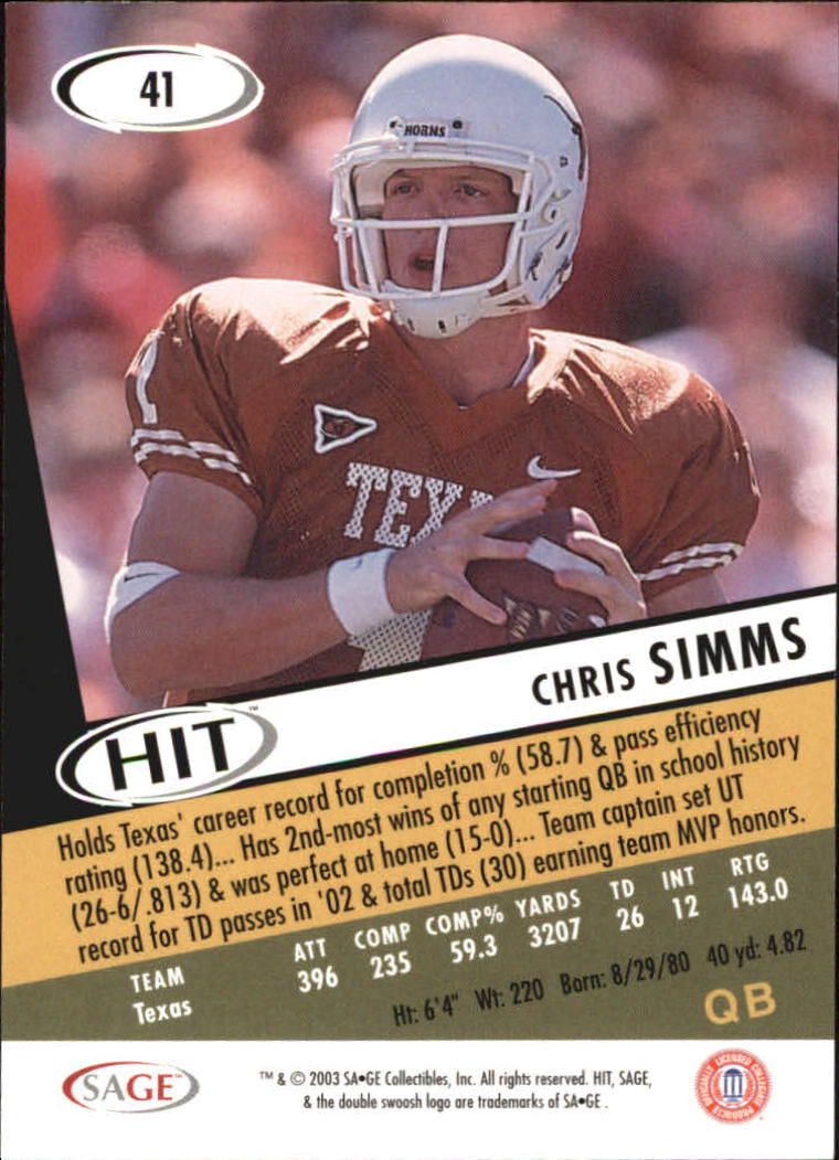 2003 SAGE HIT #41 Chris Simms back image