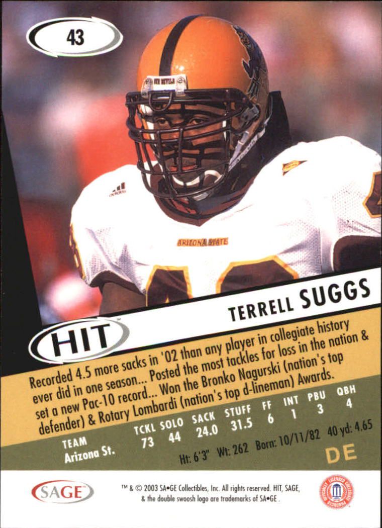 2003 SAGE HIT #43 Terrell Suggs back image