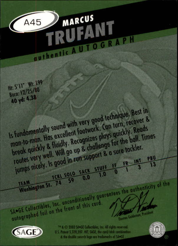 2003 SAGE HIT Autographs Emerald #A45 Marcus Trufant back image