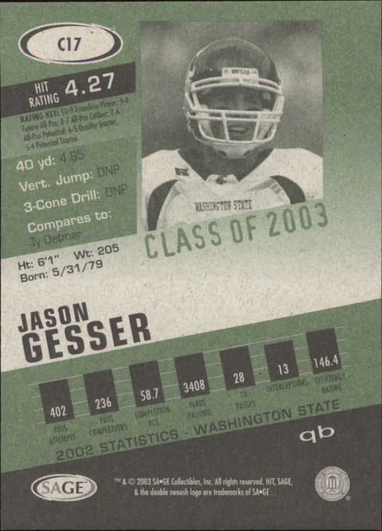 2003 SAGE HIT Class of 2003 Silver #C17 Jason Gesser back image