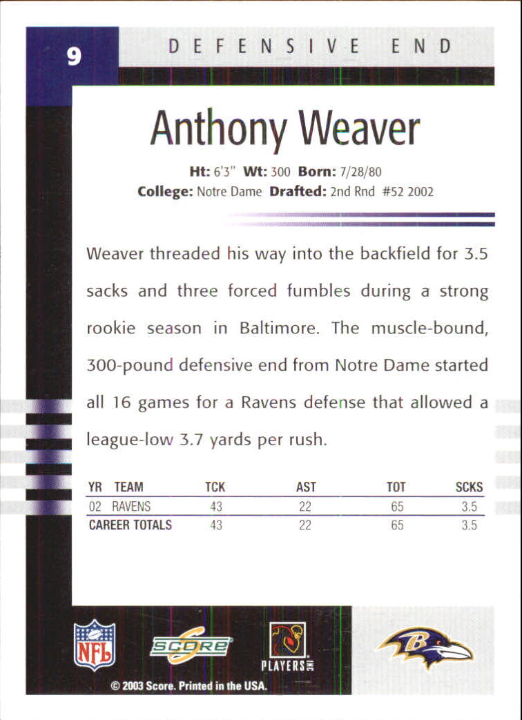 2003 Score #9 Anthony Weaver back image