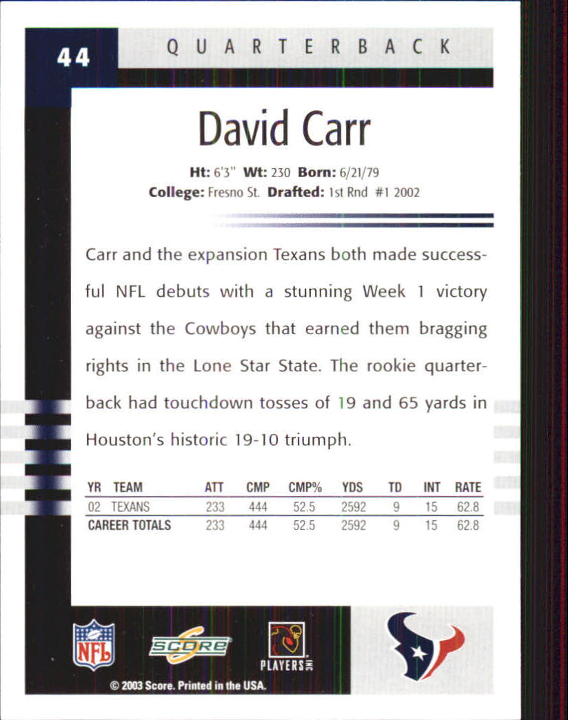2003 Score #44 David Carr back image
