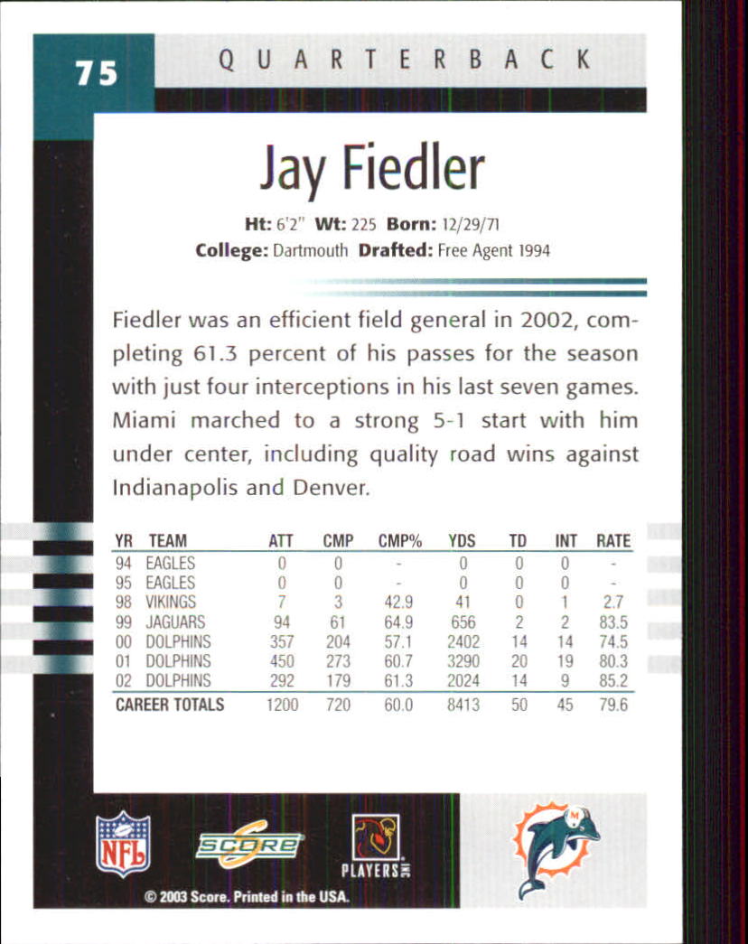2003 Score #75 Jay Fiedler back image