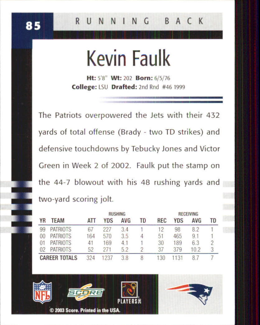 2003 Score #85 Kevin Faulk back image