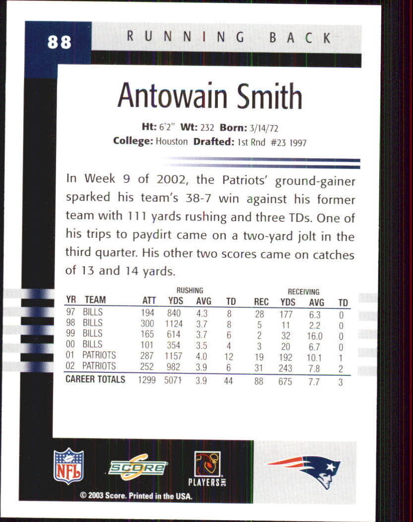 2003 Score #88 Antowain Smith back image
