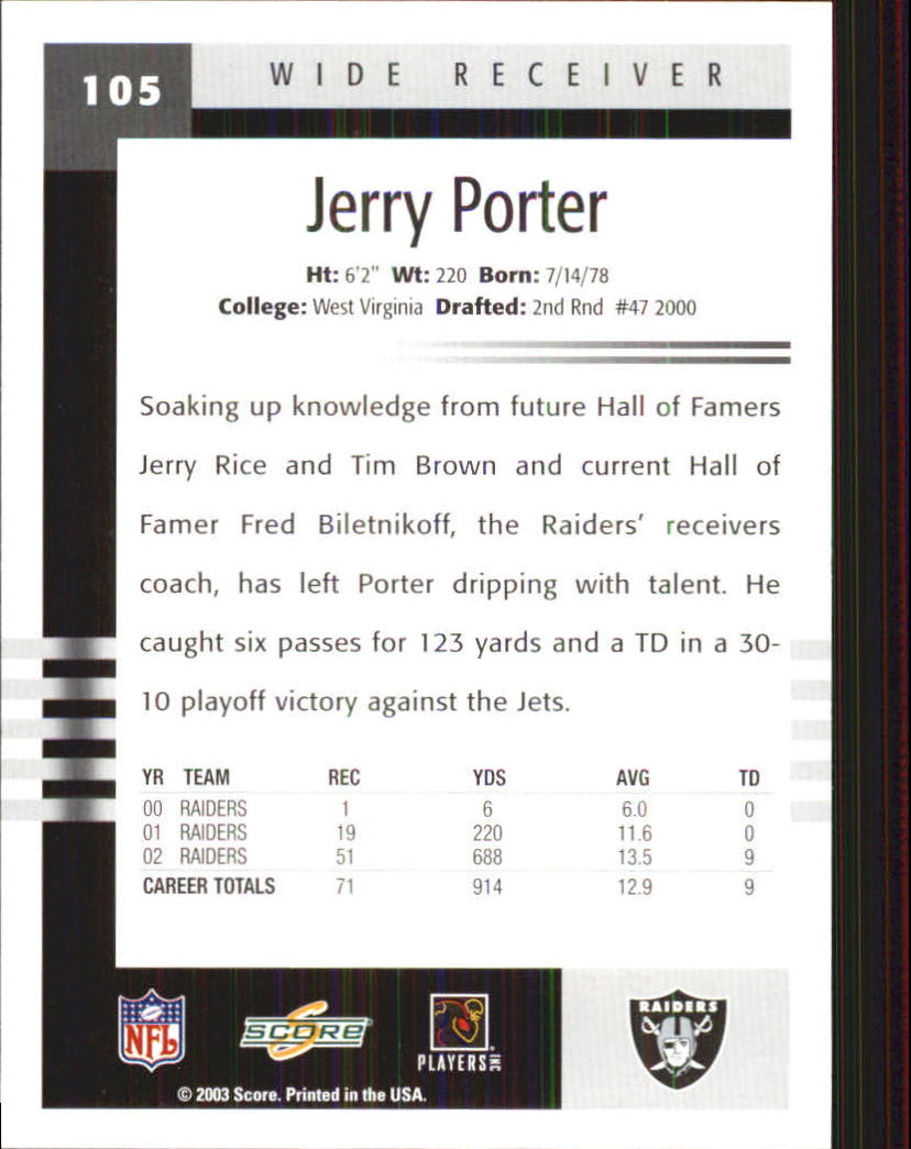 2003 Score #105 Jerry Porter back image