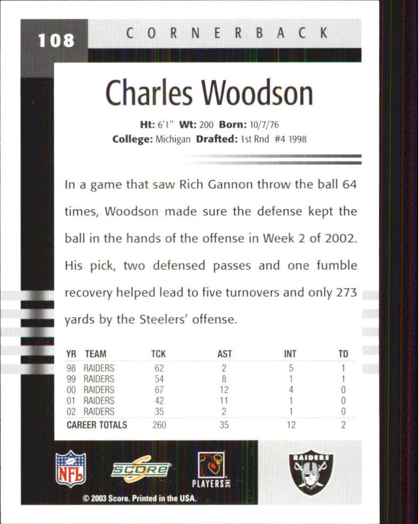 2003 Score #108 Charles Woodson back image