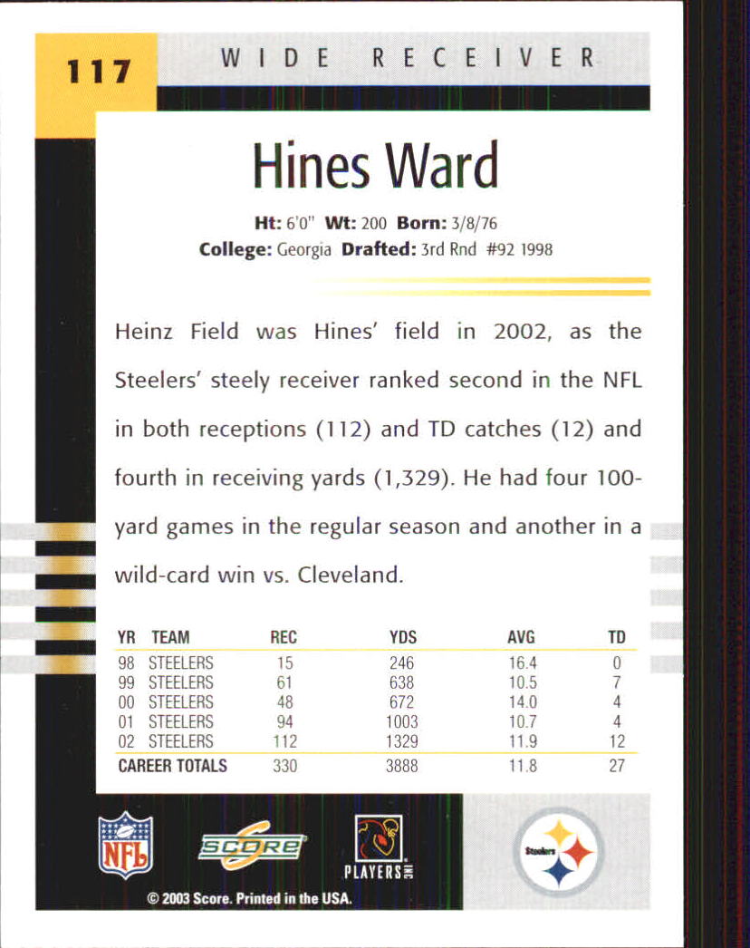 2003 Score #117 Hines Ward back image