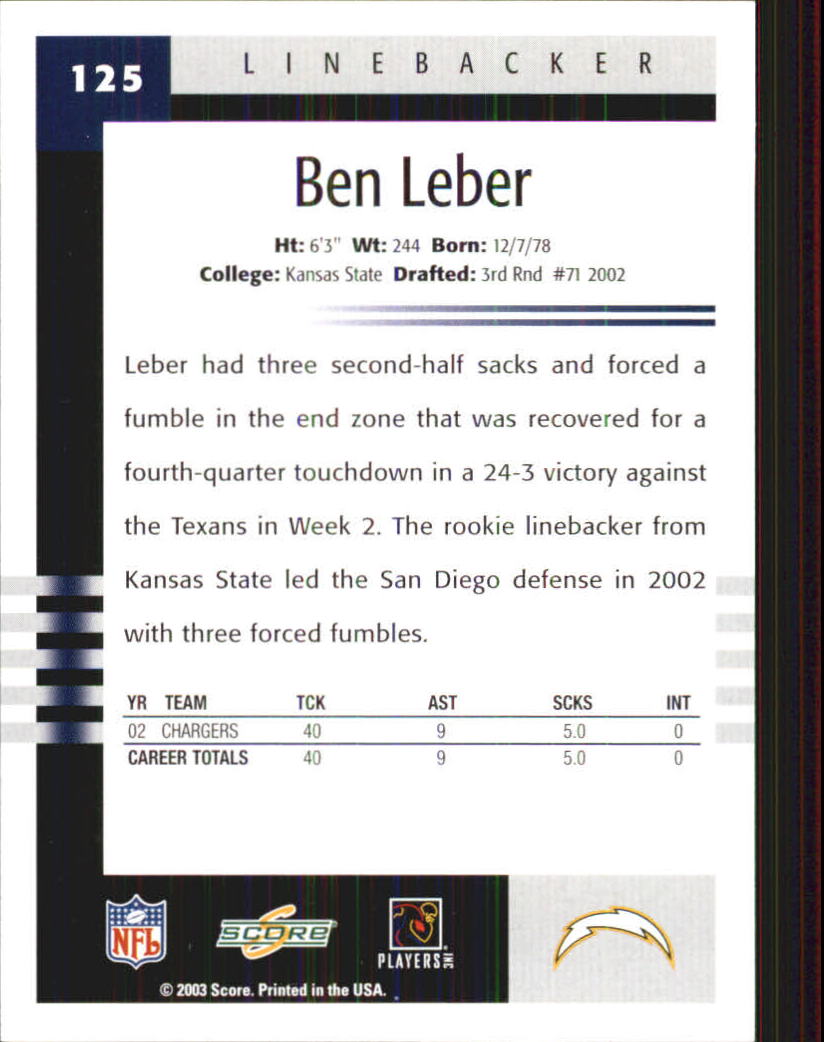 2003 Score #125 Ben Leber back image