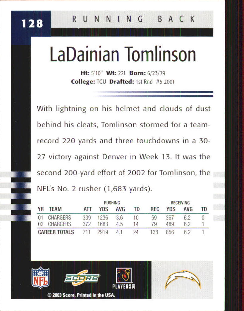 2003 Score #128 LaDainian Tomlinson back image