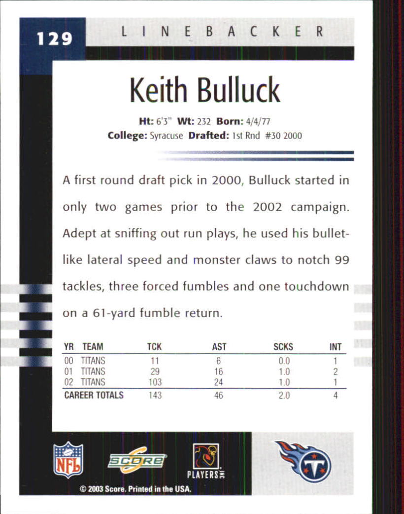 2003 Score #129 Keith Bulluck back image