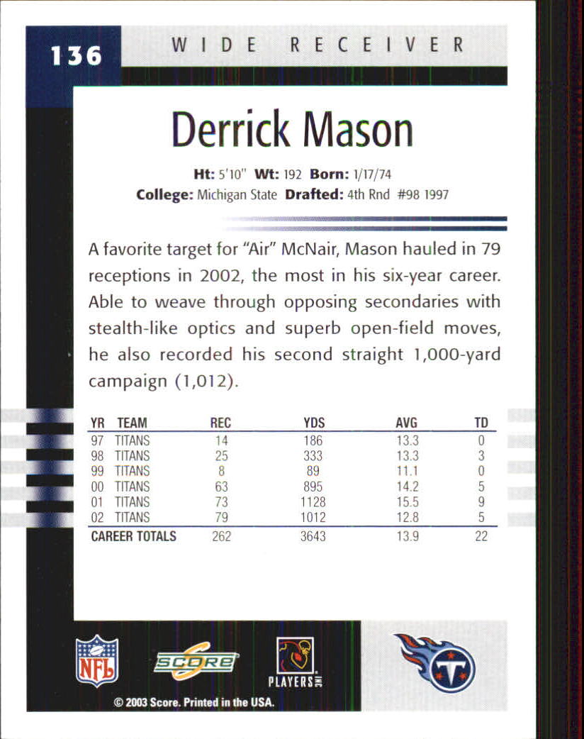 2003 Score #136 Derrick Mason back image