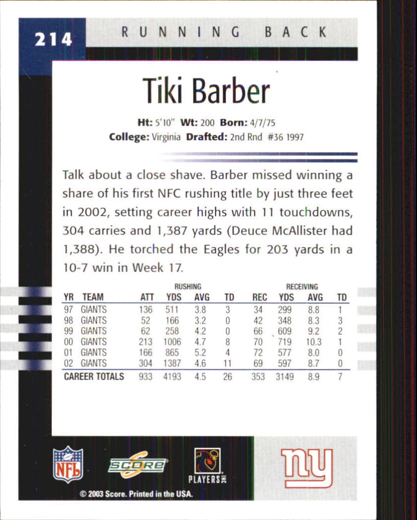 2003 Score #214 Tiki Barber back image
