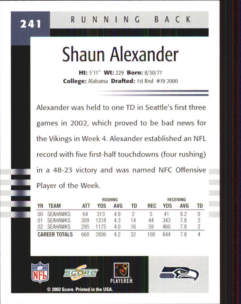 2003 Score #241 Shaun Alexander back image