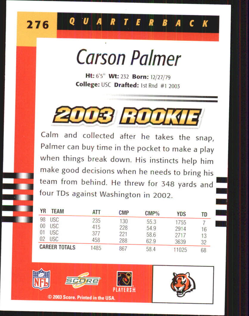 2003 Score #276 Carson Palmer RC back image