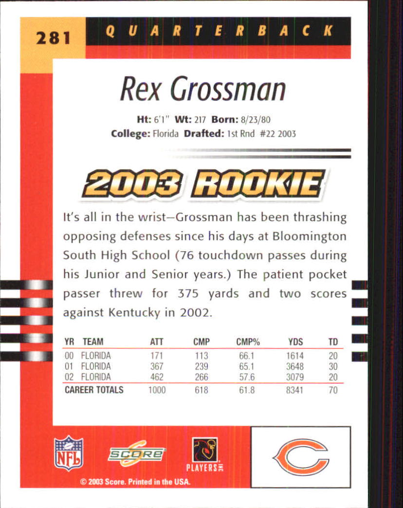 2003 Score #281 Rex Grossman RC back image