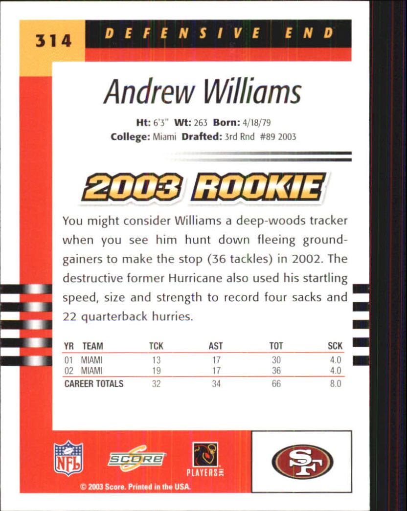 2003 Score #314 Andrew Williams RC back image