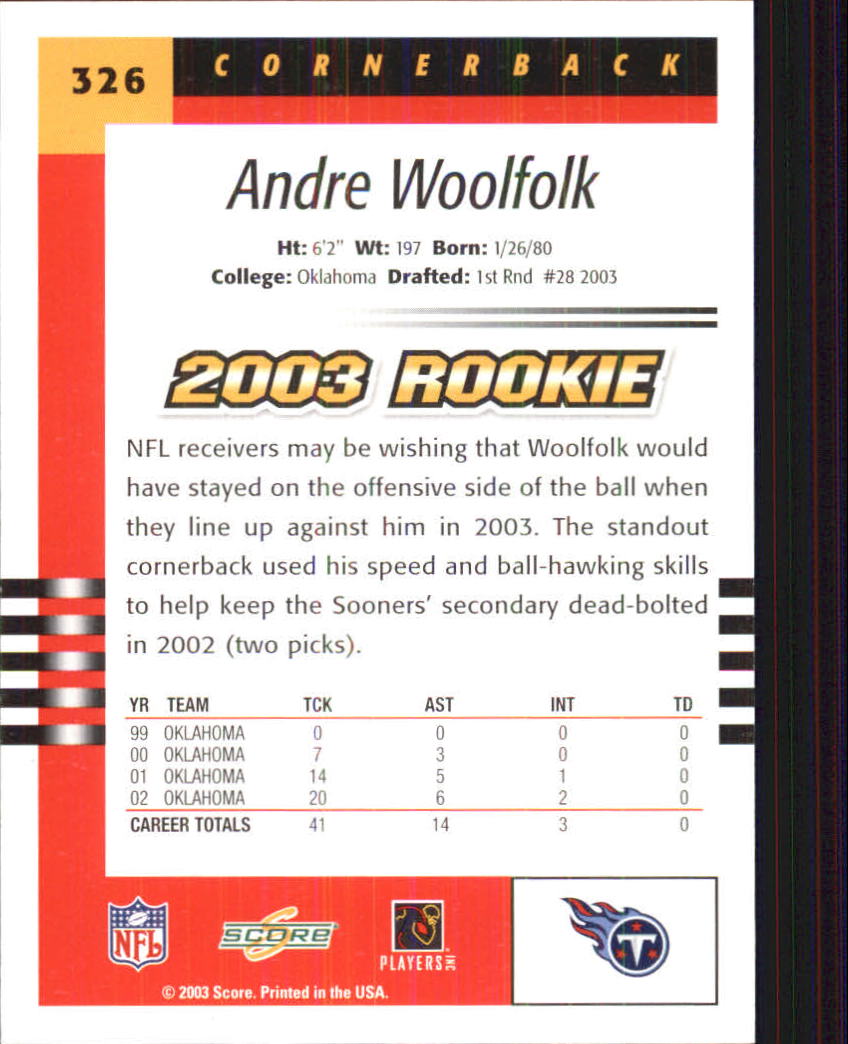 2003 Score #326 Andre Woolfolk RC back image