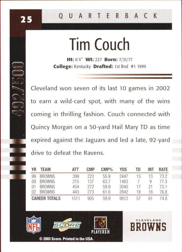 2003 Score Scorecard #25 Tim Couch back image