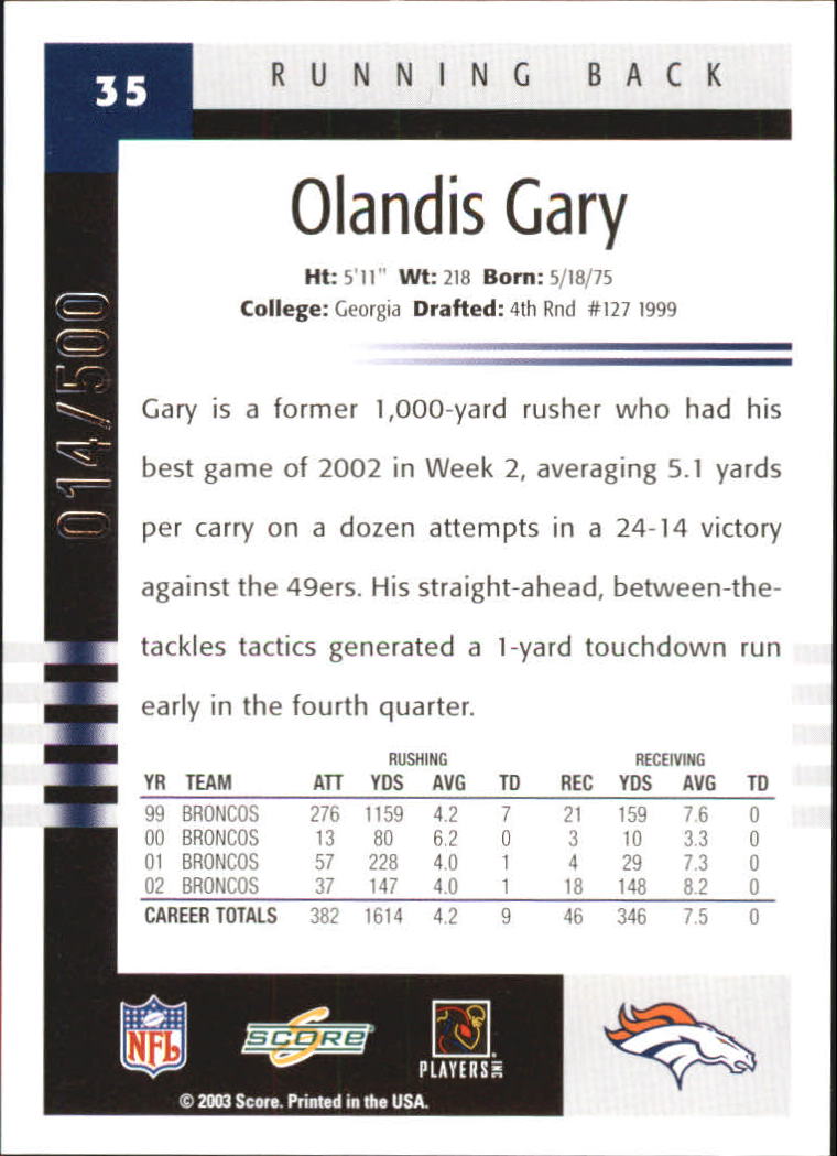 2003 Score Scorecard #35 Olandis Gary back image
