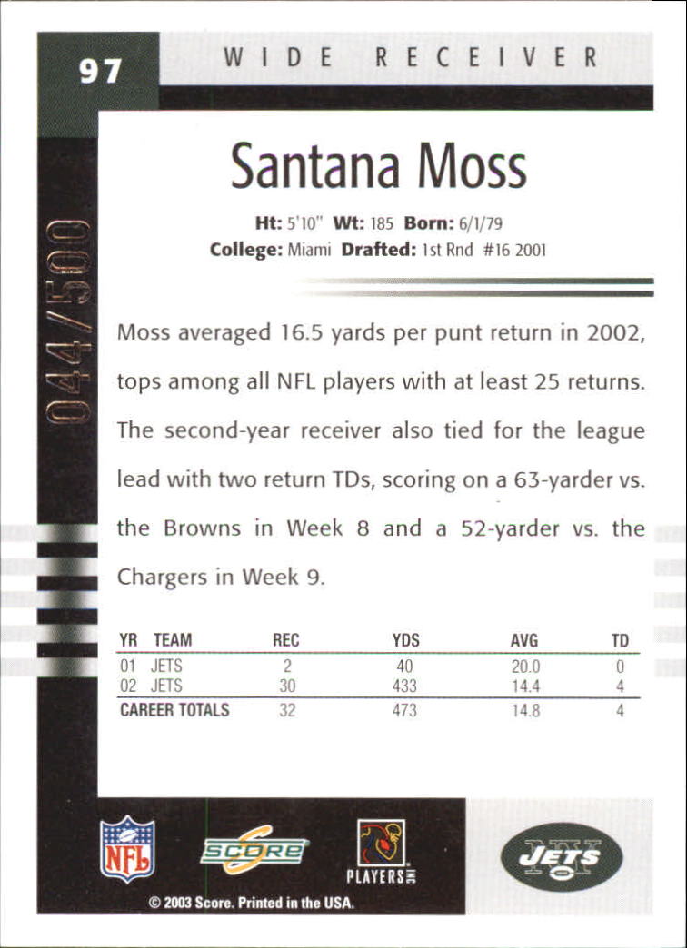 2003 Score Scorecard #97 Santana Moss back image