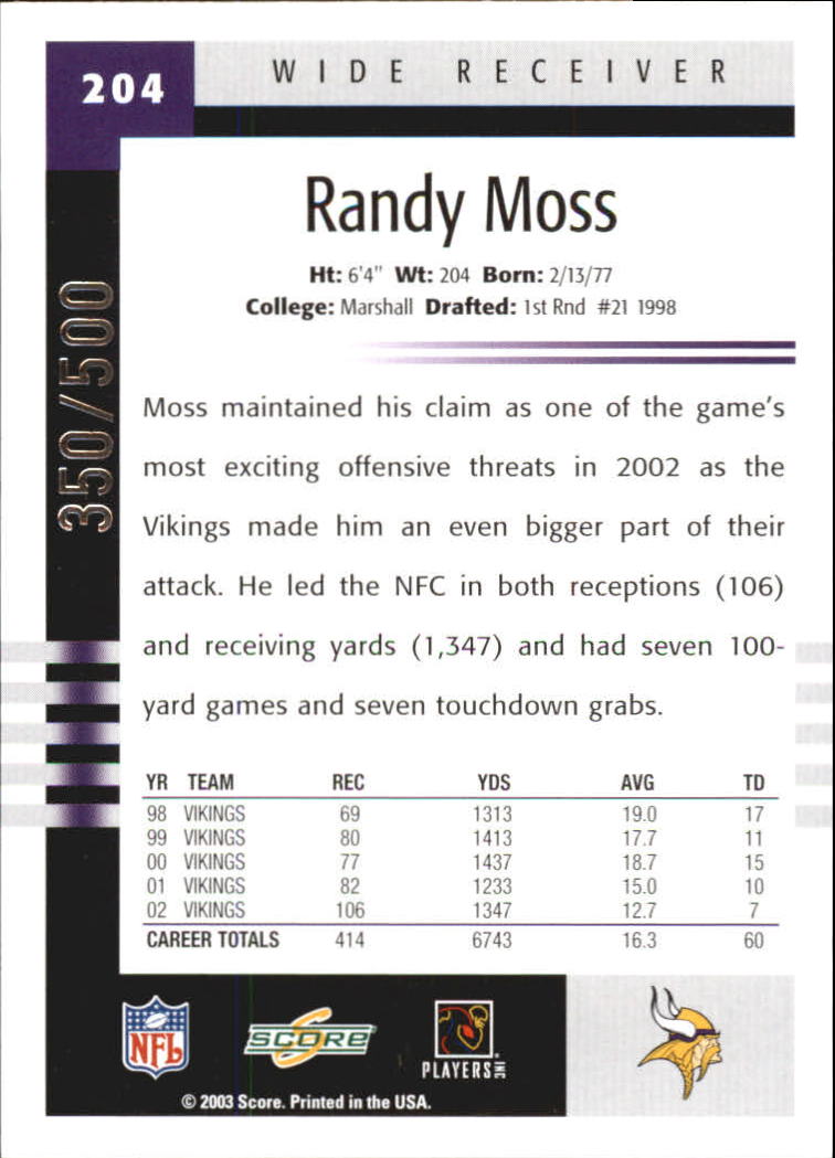 2003 Score Scorecard #204 Randy Moss back image