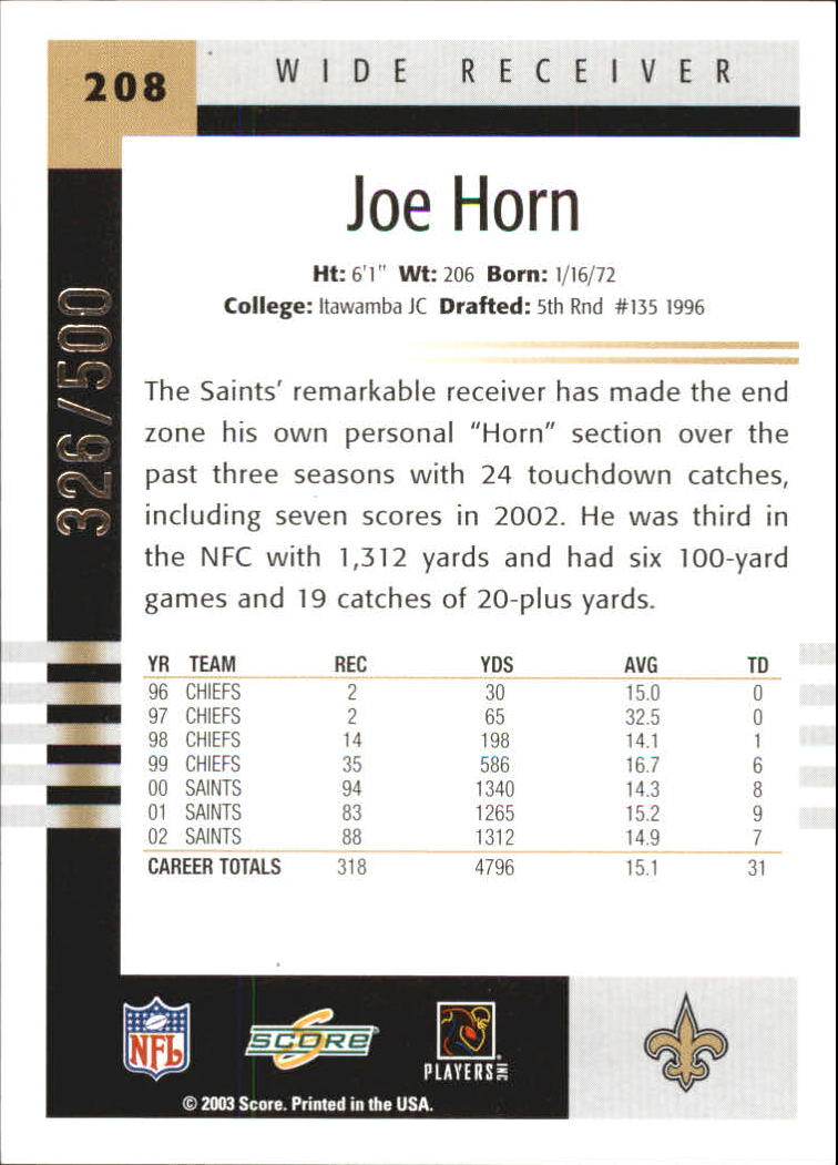 2003 Score Scorecard #208 Joe Horn back image
