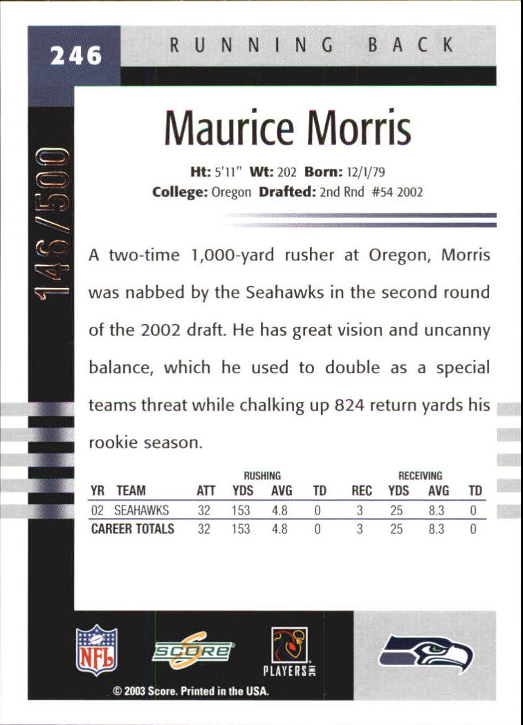 2003 Score Scorecard #246 Maurice Morris back image