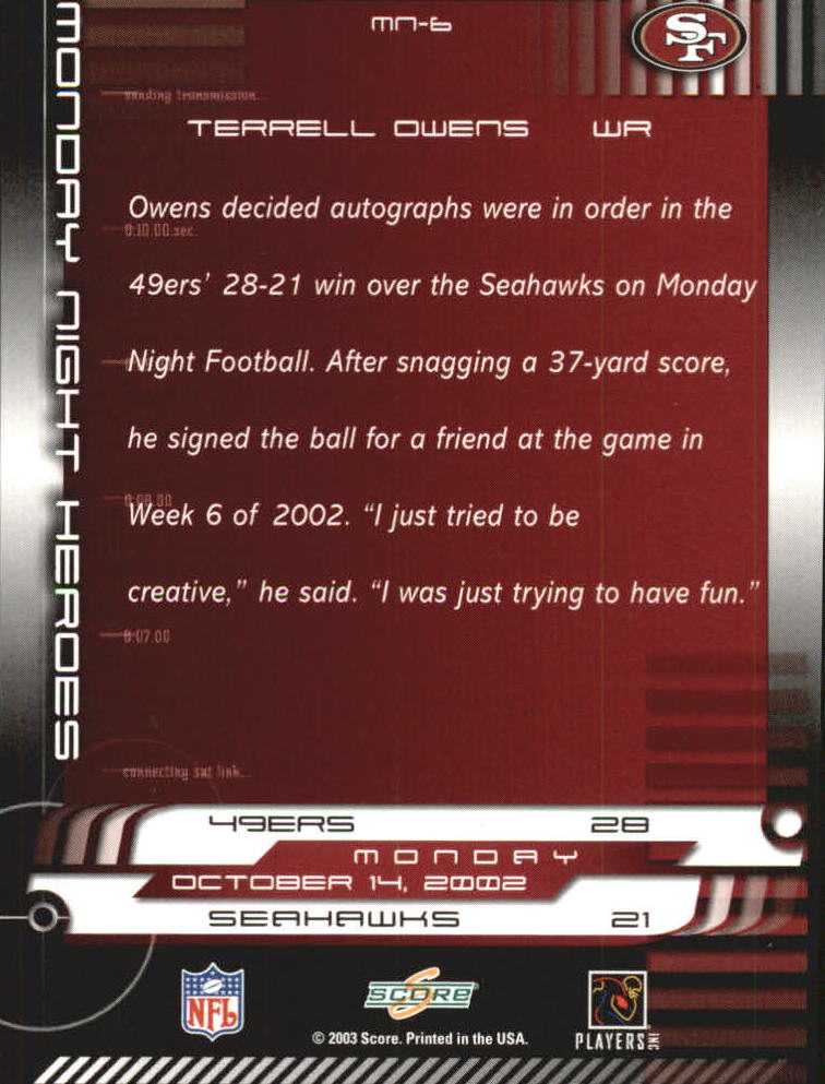 2003 Score Monday Night Heroes #MN6 Terrell Owens back image