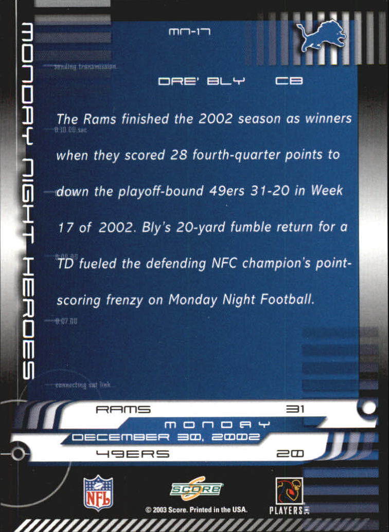 2003 Score Monday Night Heroes #MN17 Dre Bly back image