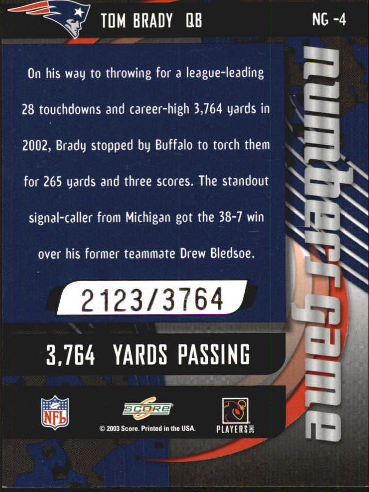 2003 Score Numbers Game #NG4 Tom Brady/3764 back image