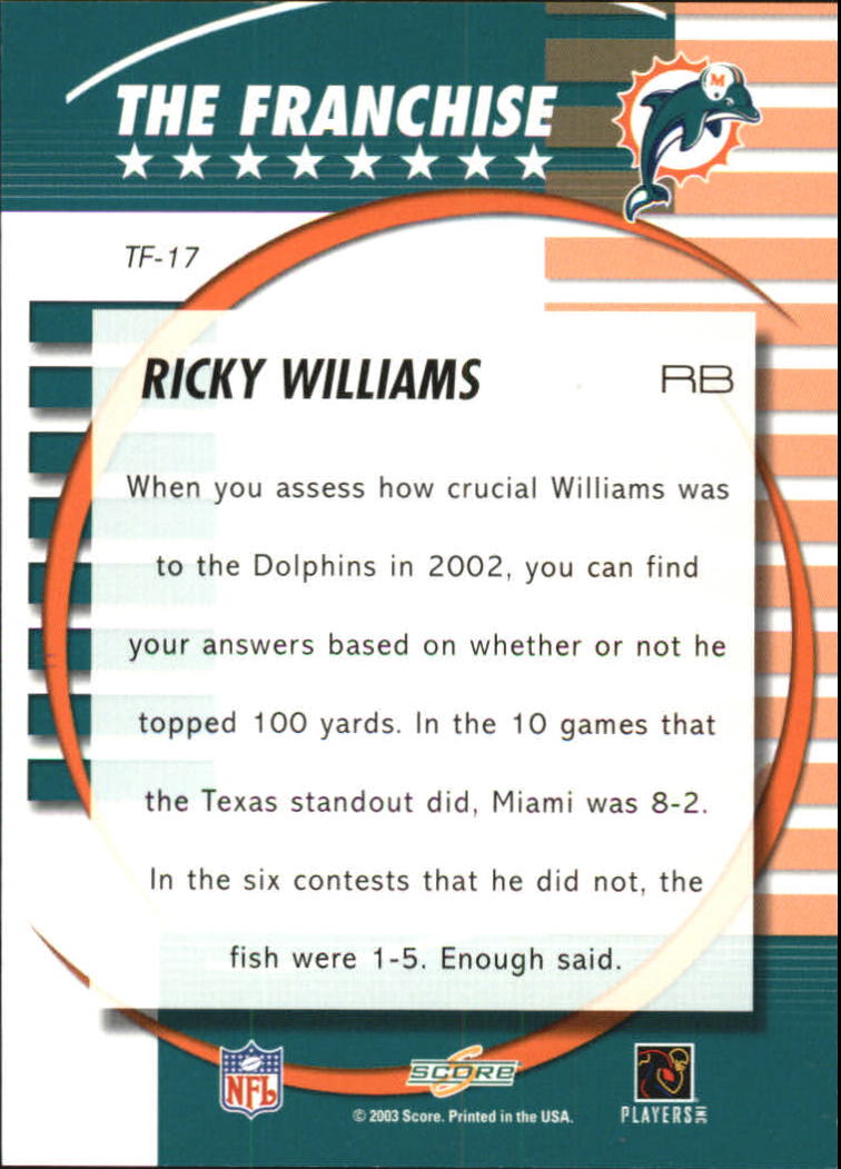 2003 Score The Franchise #TF17 Ricky Williams back image