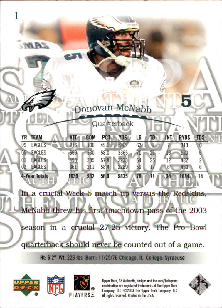 2003 SP Authentic #1 Donovan McNabb back image