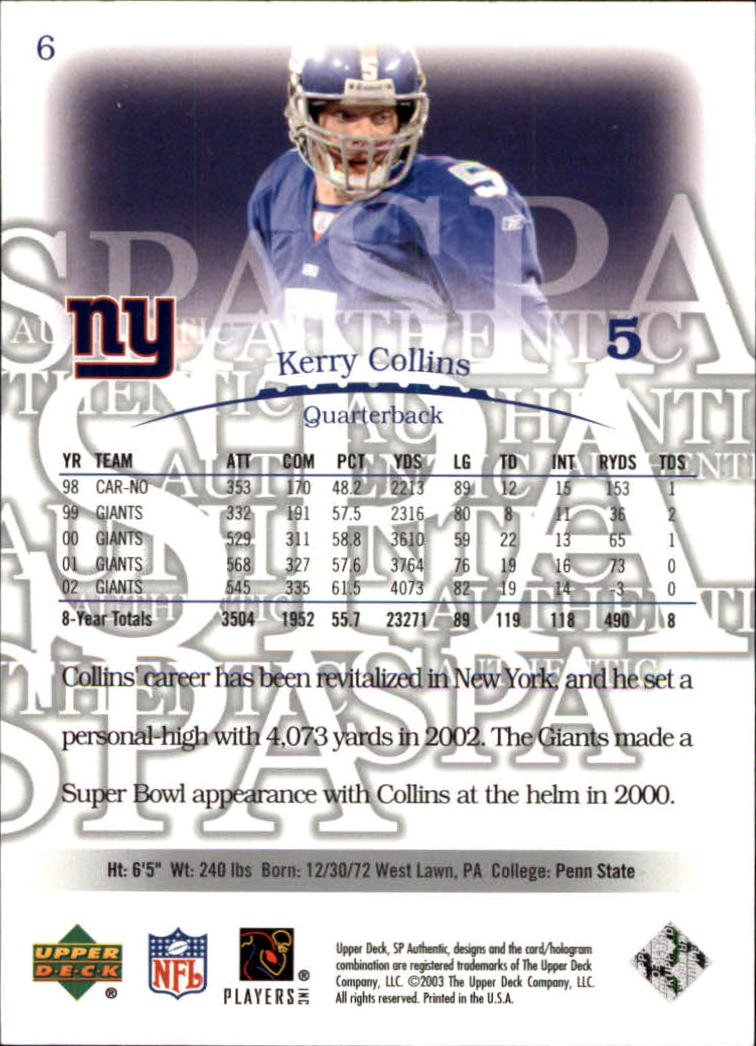 2003 SP Authentic #6 Kerry Collins back image