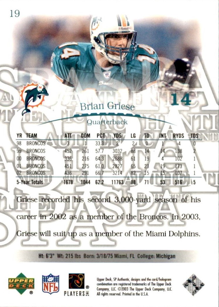 2003 SP Authentic #19 Brian Griese back image
