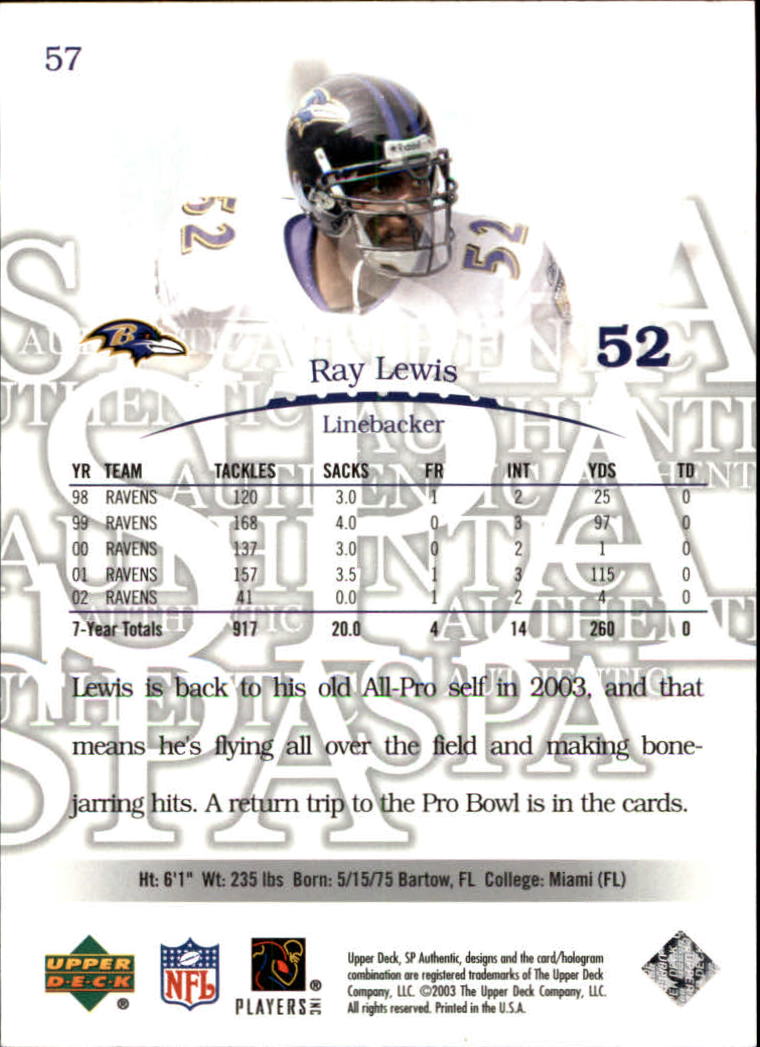 2003 SP Authentic #57 Ray Lewis back image
