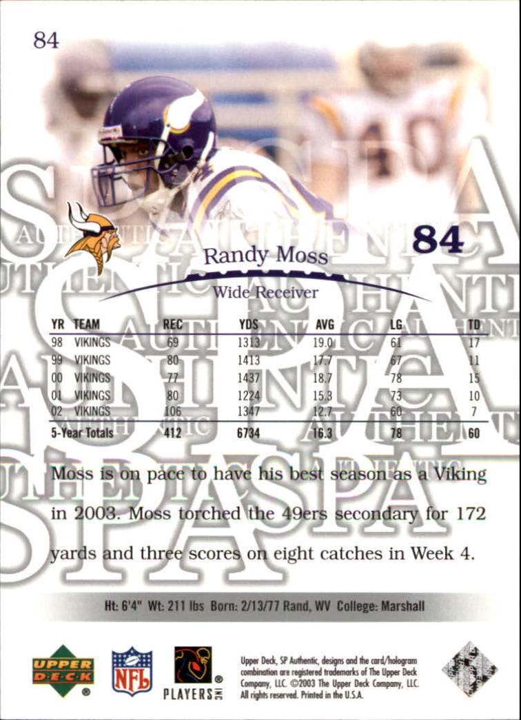 2003 SP Authentic (Upper Deck) Football "Main Set" Cards #1 to #240 - Picture 169 of 219