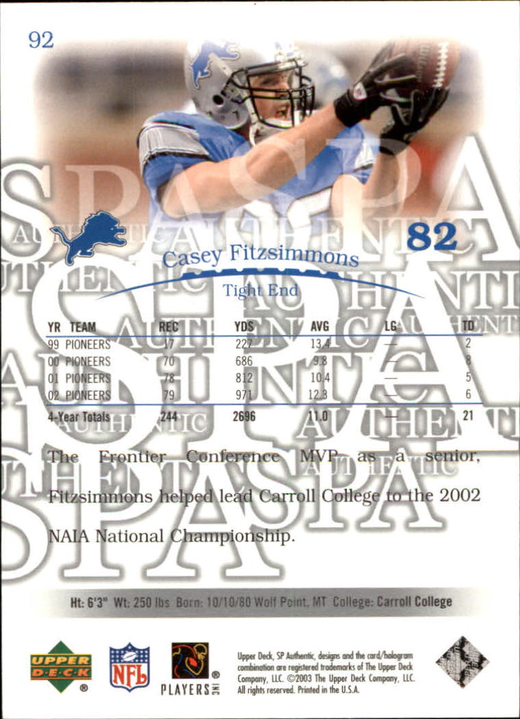 2003 SP Authentic #92 Casey Fitzsimmons RC back image
