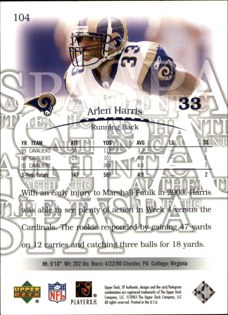 2003 SP Authentic #104 Arlen Harris RC back image