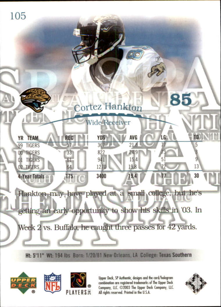 2003 SP Authentic #105 Cortez Hankton RC back image