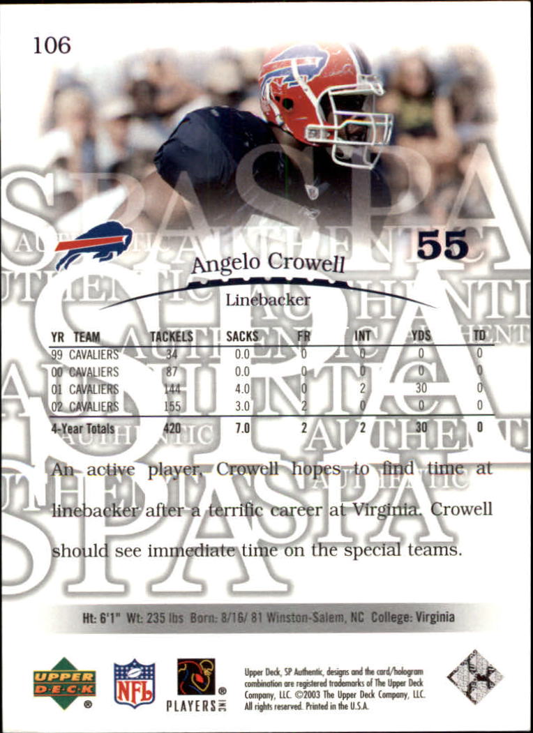 2003 SP Authentic #106 Angelo Crowell RC back image