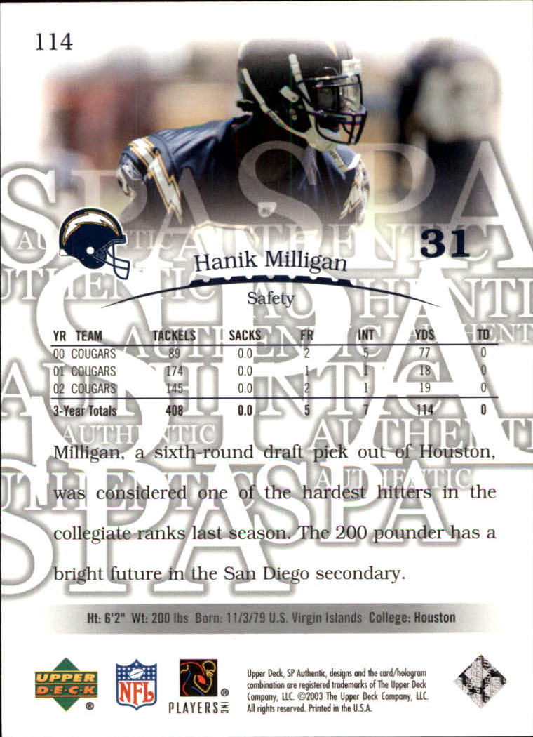 2003 SP Authentic #114 Hanik Milligan RC back image