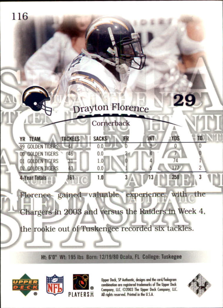 2003 SP Authentic #116 Drayton Florence RC back image