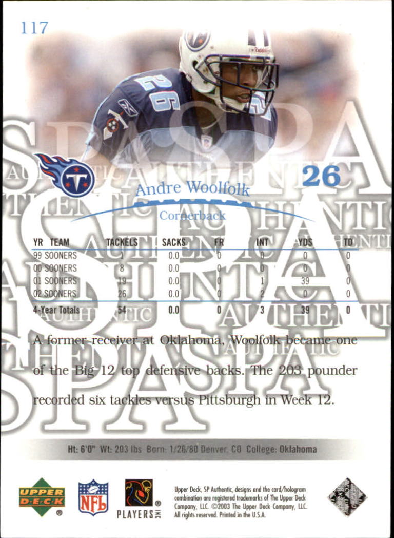 2003 SP Authentic #117 Andre Woolfolk RC back image