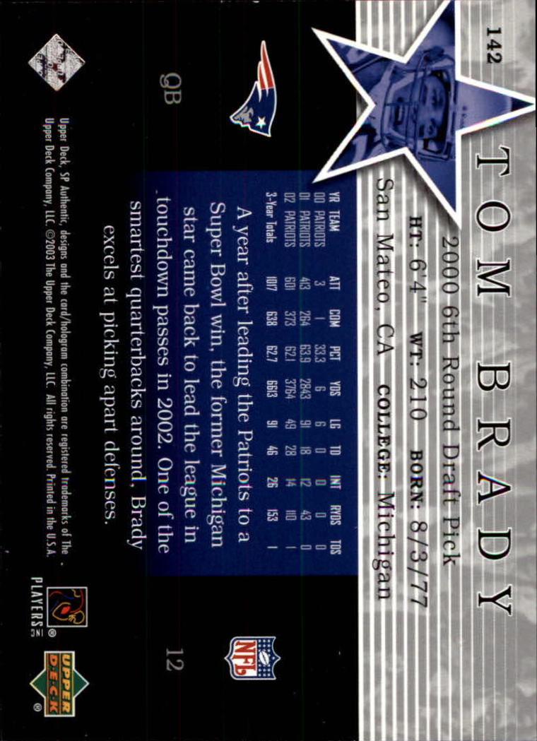 2003 SP Authentic #142 Tom Brady SS back image