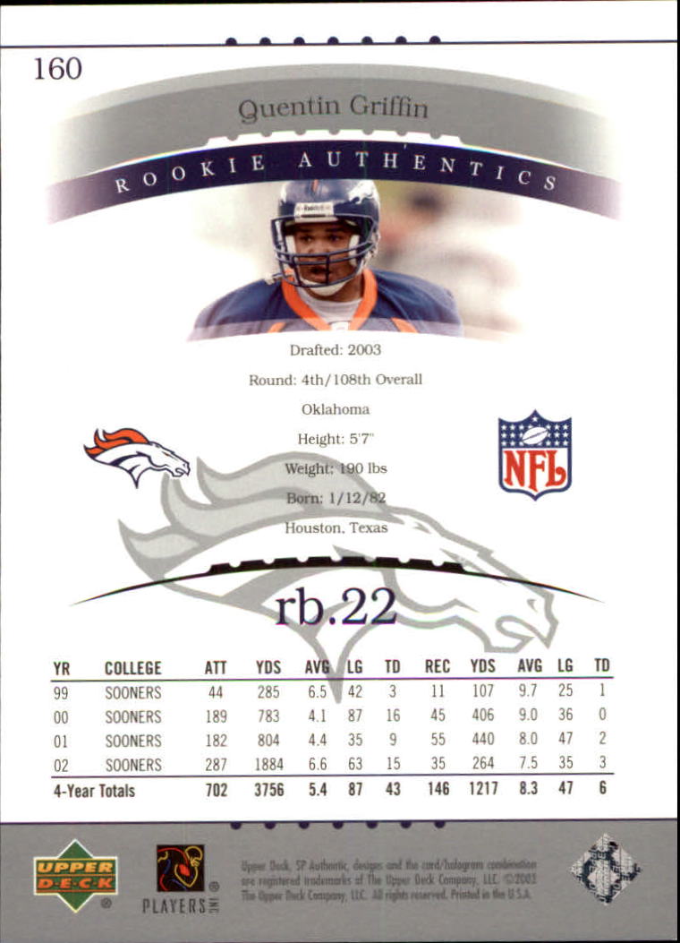 2003 SP Authentic #160 Quentin Griffin RC back image