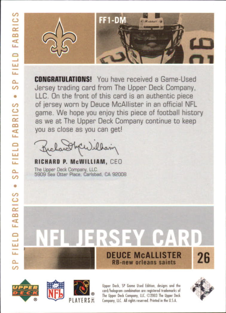 2003 SP Game Used Edition Field Fabrics #DM Deuce McAllister back image