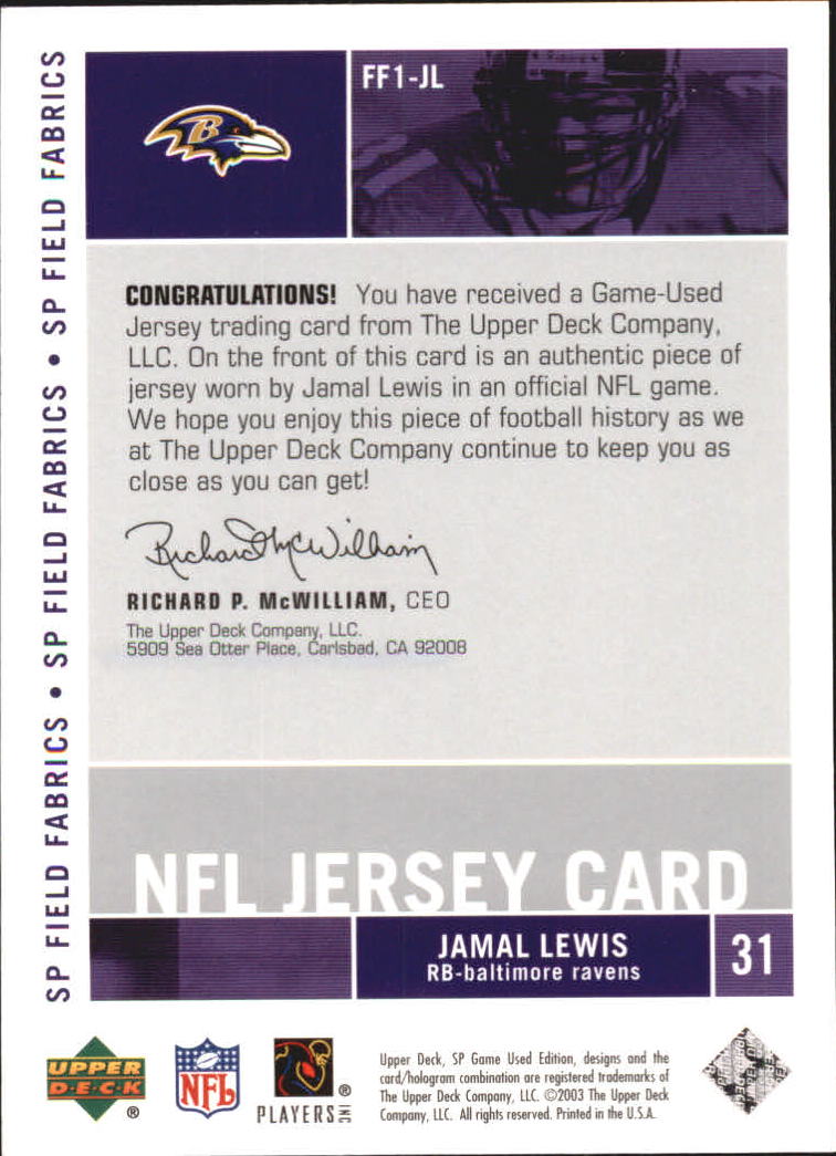 2003 SP Game Used Edition Field Fabrics #JL Jamal Lewis back image