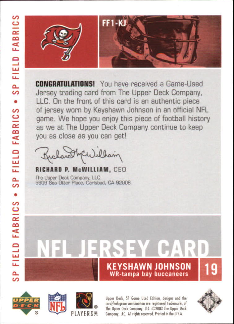2003 SP Game Used Edition Field Fabrics #KJ Keyshawn Johnson back image